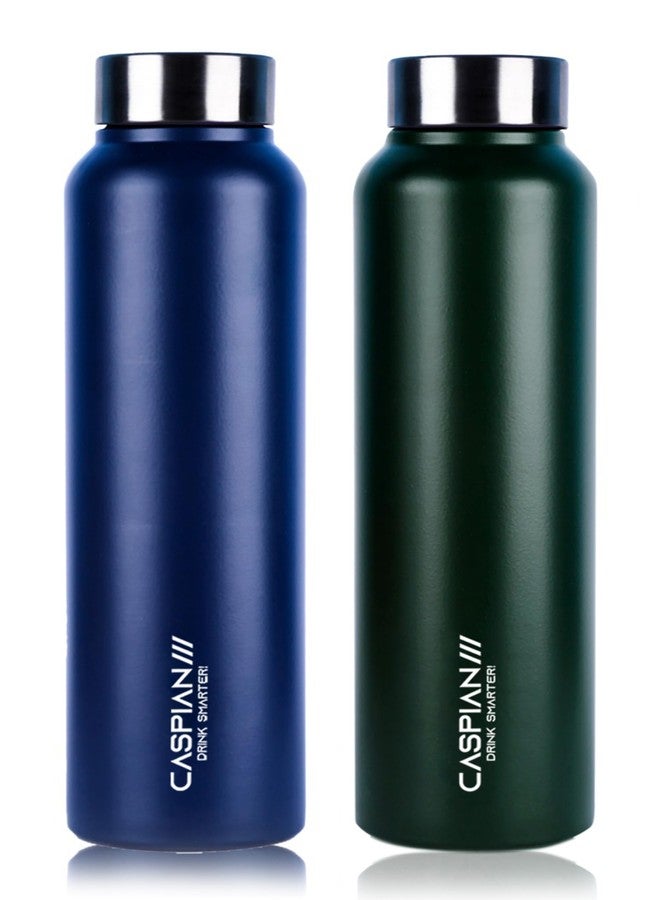 Caspian Astra Stainless Steel Water Bottle 1 ltr (Litre) for Fridge, Home, Office, School, Gym-Ideal for Adults, Men, Women, Kids, Boys, Girls-1000ml Leakproof, Rust free, Set of 2, PR Blue & F Green - Image 1